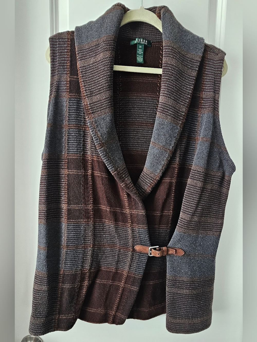 Lauren Ralph Lauren Brown & Gray Plaid Shawl-Collar Knit Vest